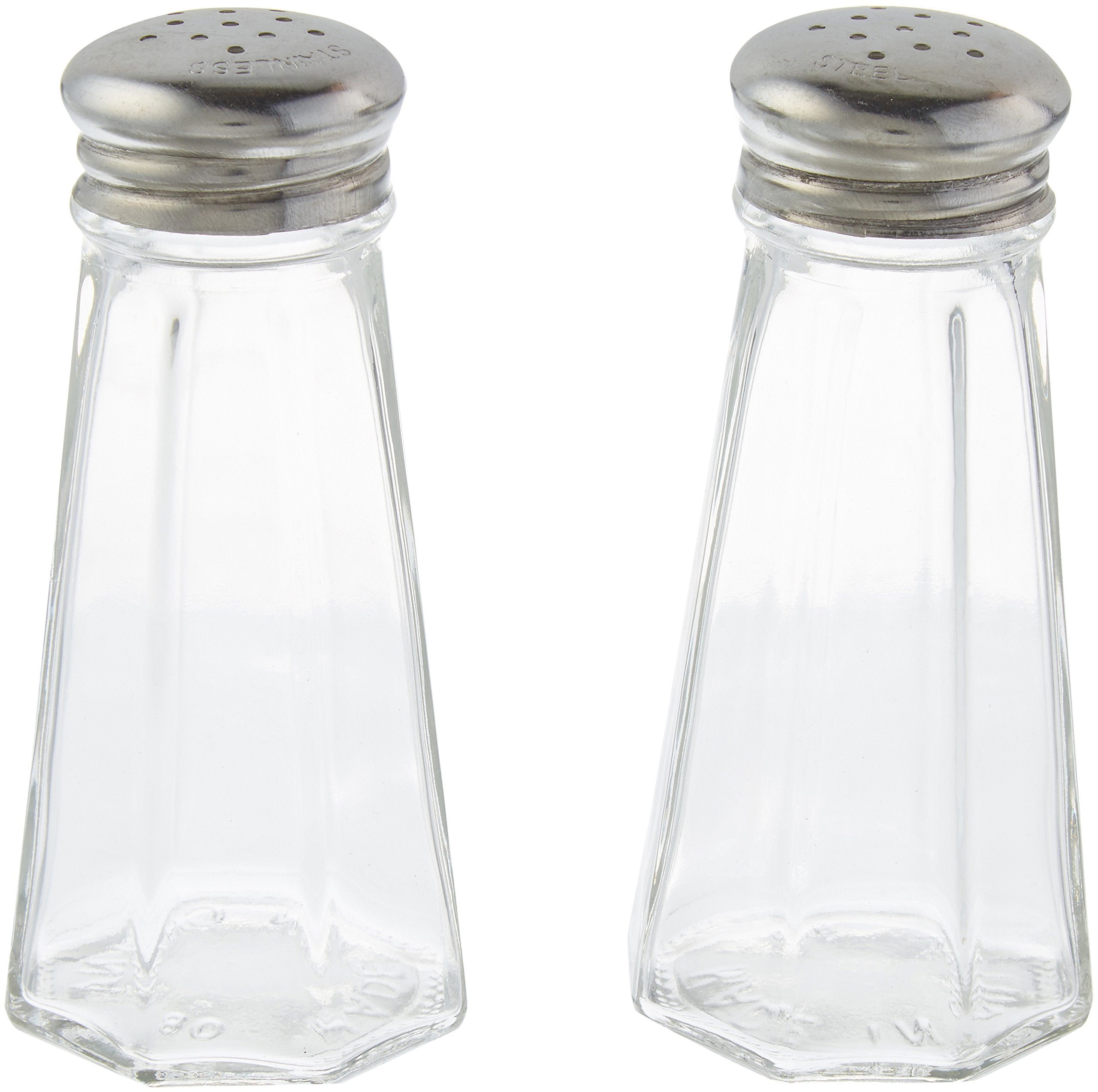 Tablecraft salero y pimentero de 3 onzas en vidrio claro con tapas inox para mesa