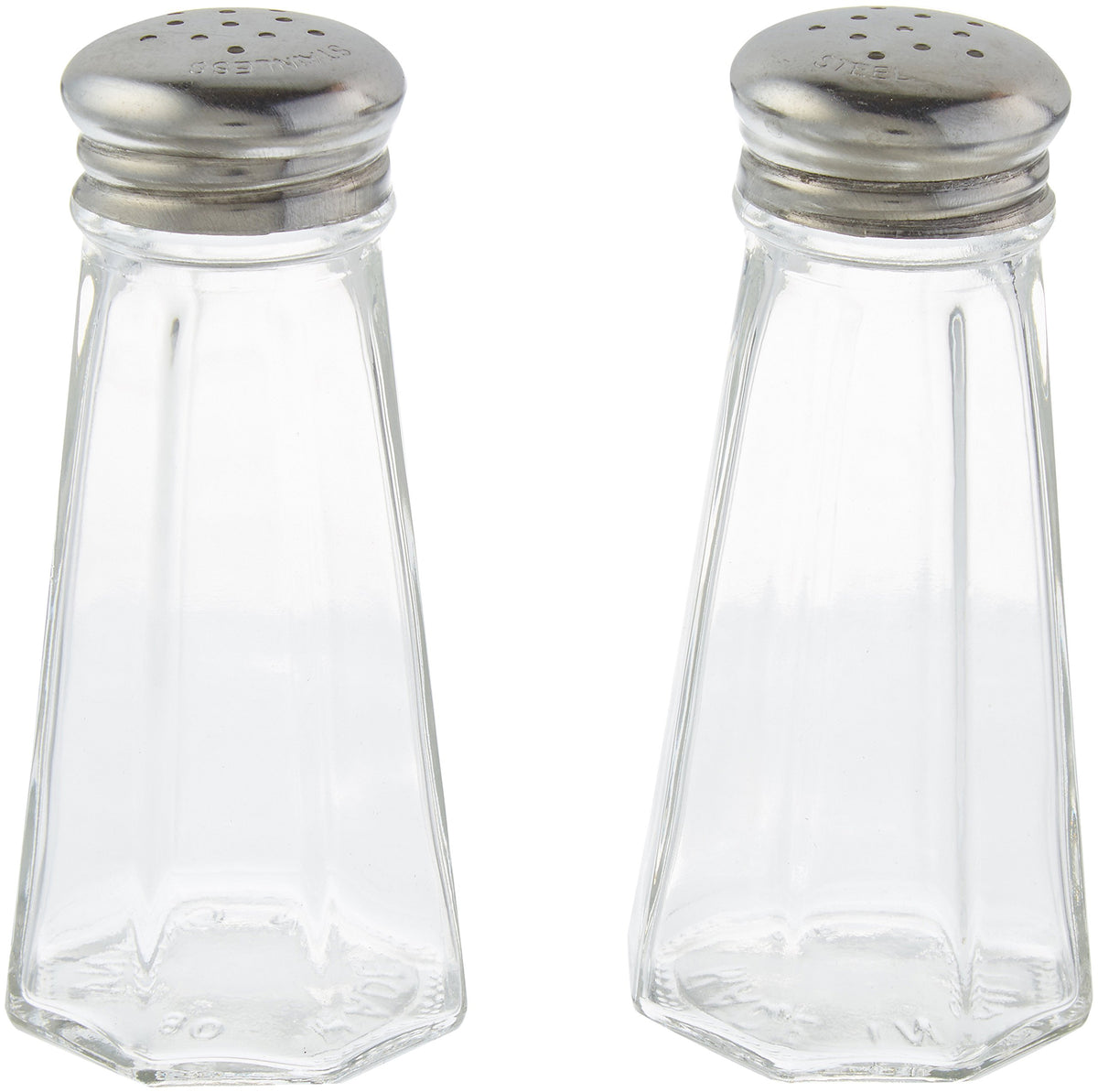 Tablecraft salero y pimentero de 3 onzas en vidrio claro con tapas inox para mesa