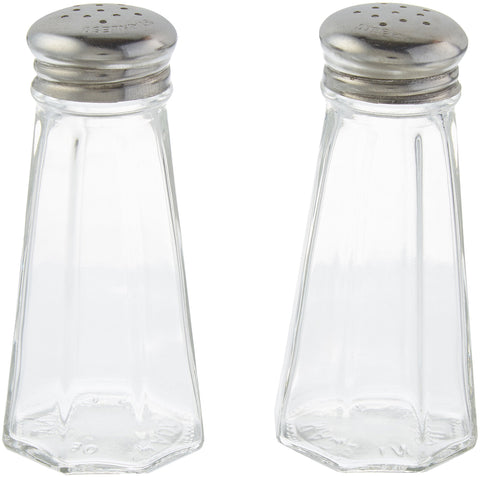 Tablecraft salero y pimentero de 3 onzas en vidrio claro con tapas inox para mesa