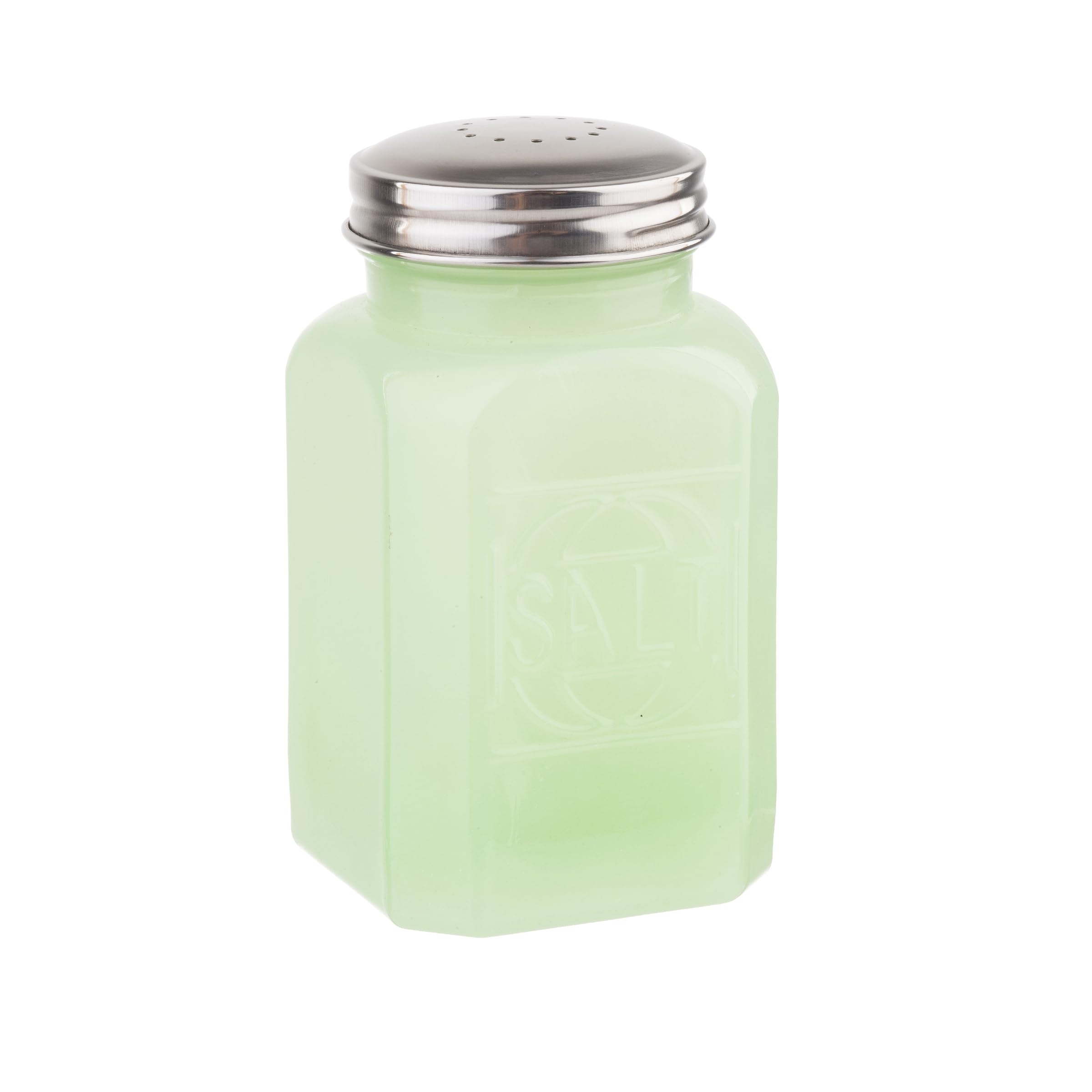TableCraft salero de vidrio jadeita verde con tapa metálica, ideal para la mesa.