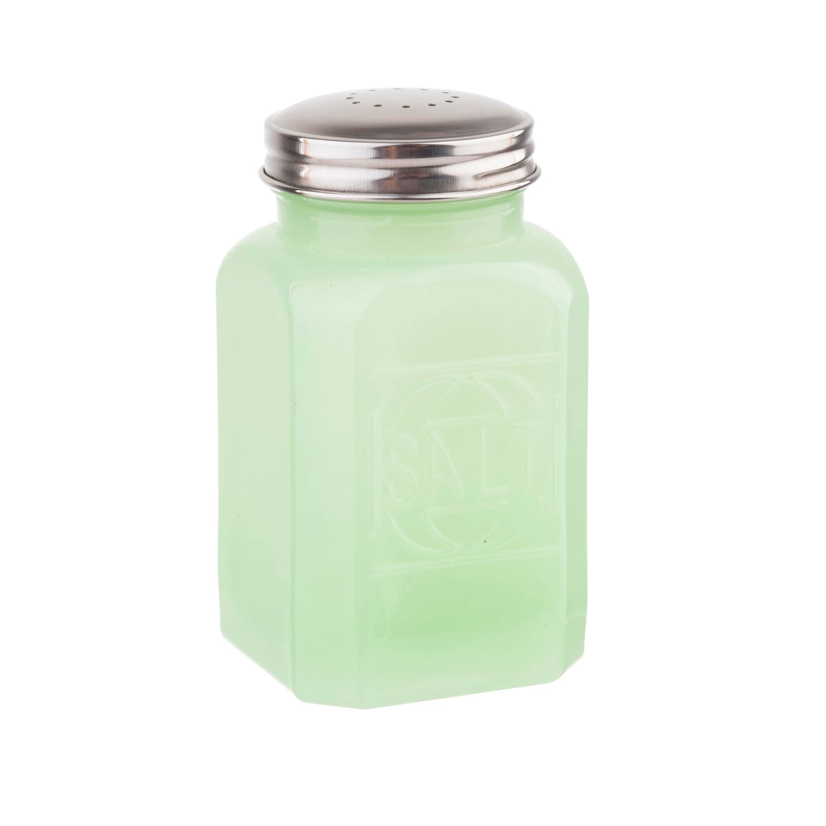 TableCraft salero de vidrio jadeita verde con tapa metálica, ideal para la mesa.