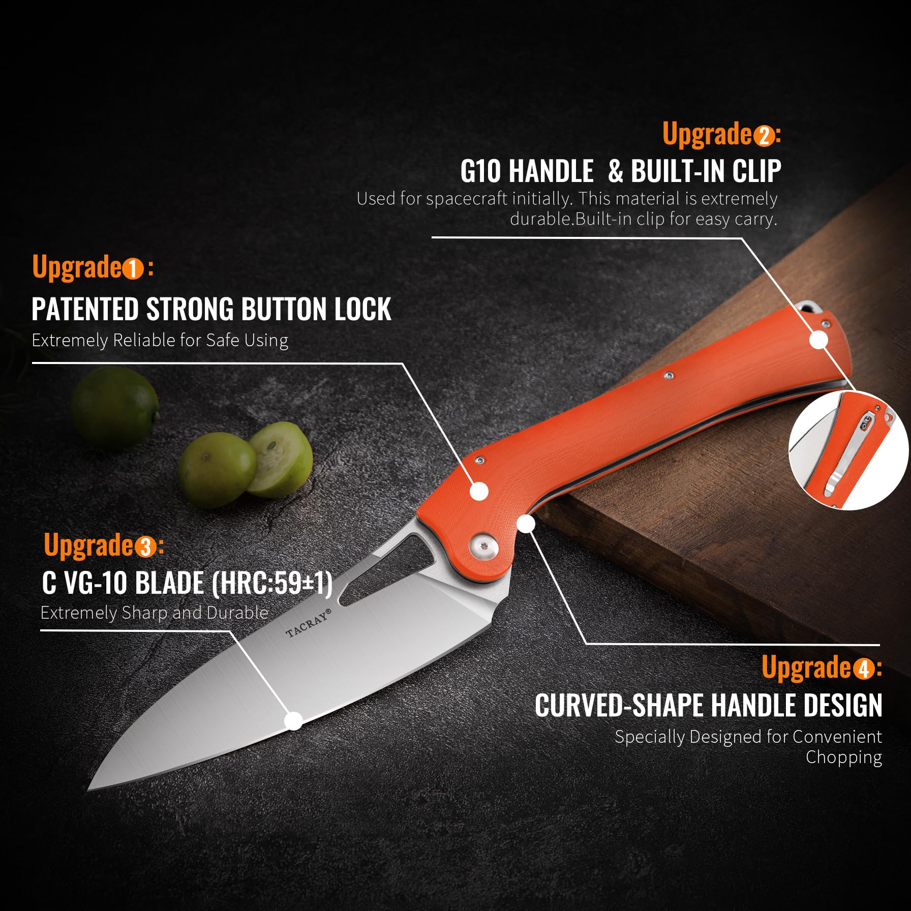TACRAY cuchillo plegable con mango G10 naranja cómodo y seguro al cortar