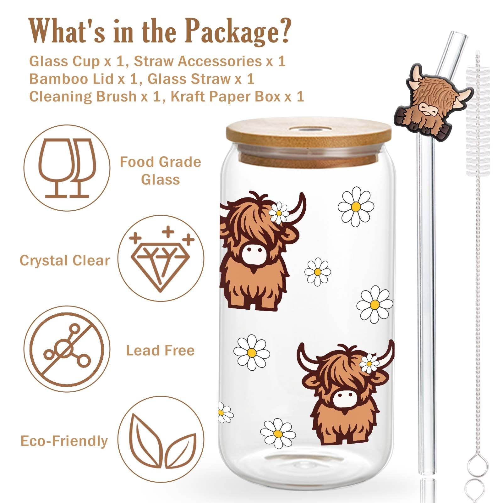 Tagdank Vaso de cristal Highland cow, detalle rústico para bebidas refrescantes