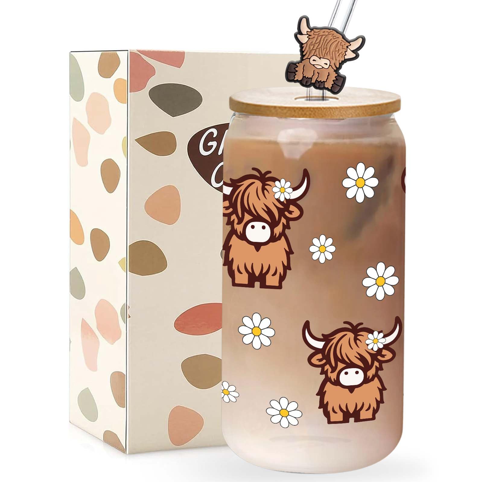 Tagdank Vaso cristal Highland cow con tapa y pajita, ideal para café matutino