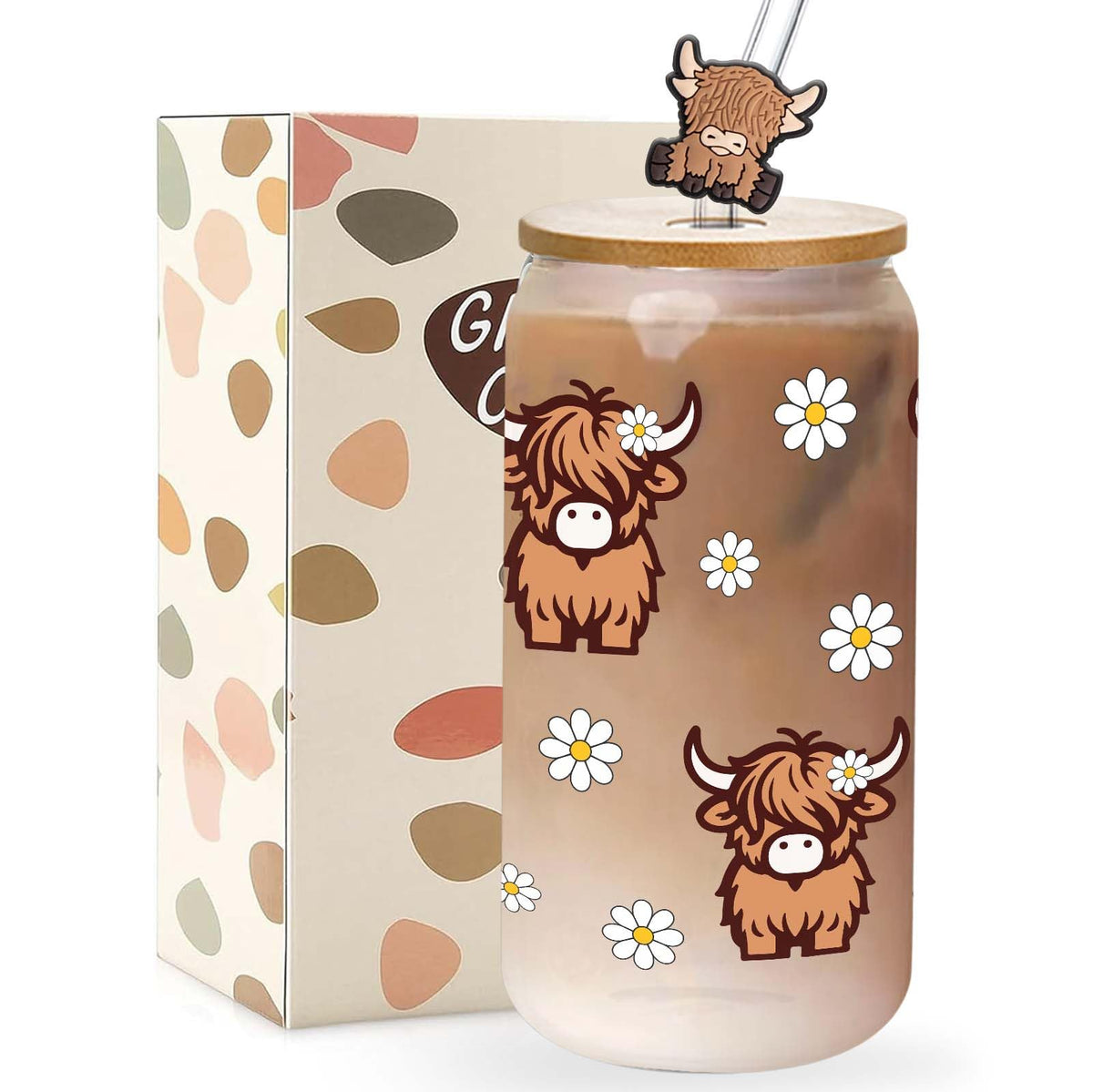 Tagdank Vaso cristal Highland cow con tapa y pajita, ideal para café matutino
