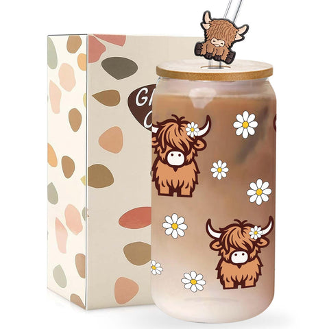 Tagdank Vaso cristal Highland cow con tapa y pajita, ideal para café matutino