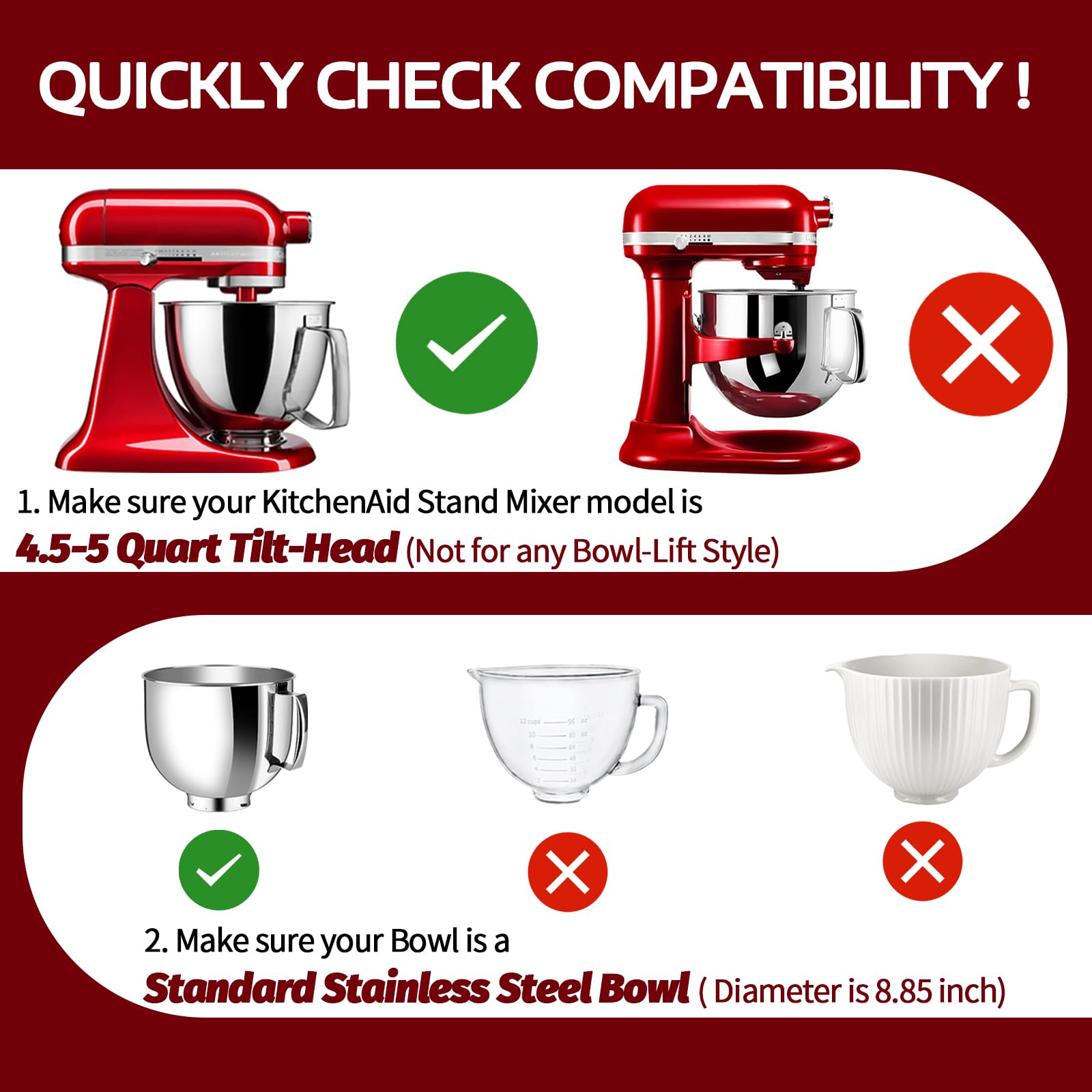 Taladad compatibilidad con tazón 4.5–5 Qt de acero inoxidable para KitchenAid.