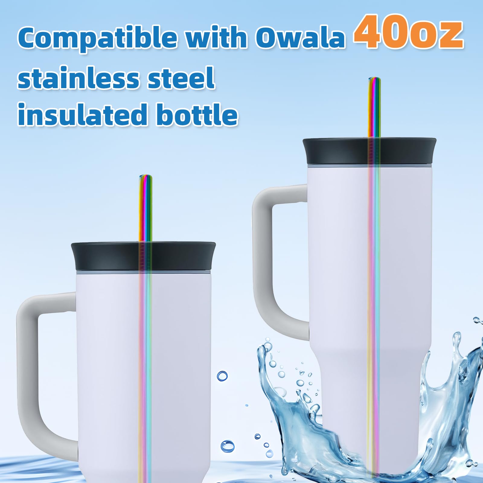 Taladad pajitas de acero para Owala 40oz, curvadas, ideales para sorbos cómodos y evitar goteos.
