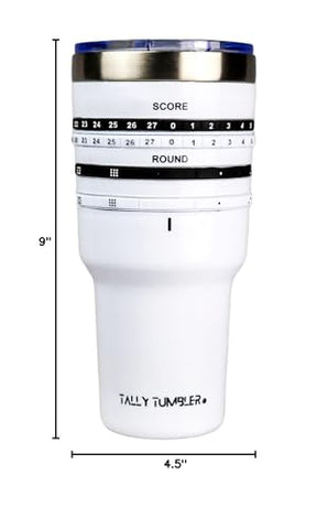 Tally Tumbler diseño Frisbee blanco, práctico para llevar en juegos al aire libre.