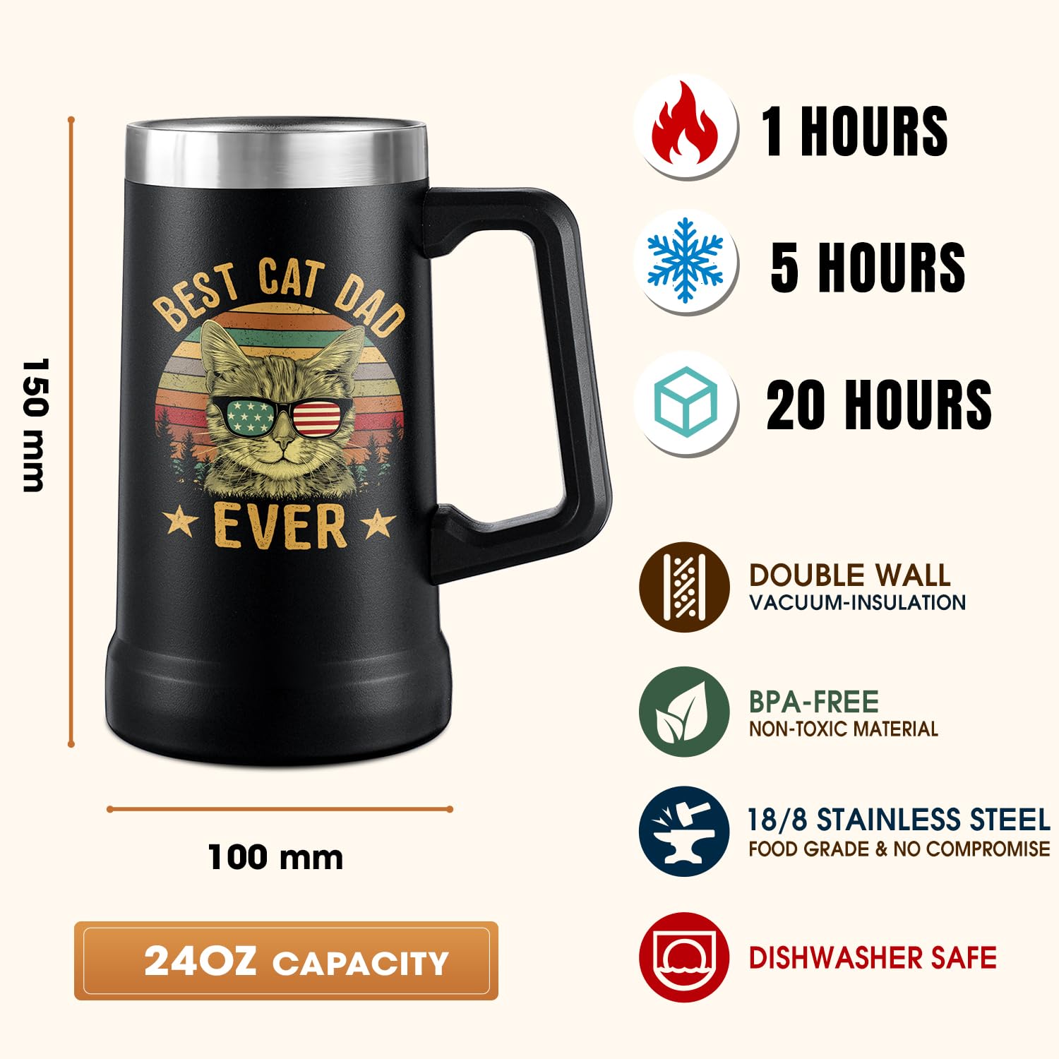 Tamunbee Jarra Cervecera para Papa Gatos, capacidad 24oz, perfecto para exteriores.