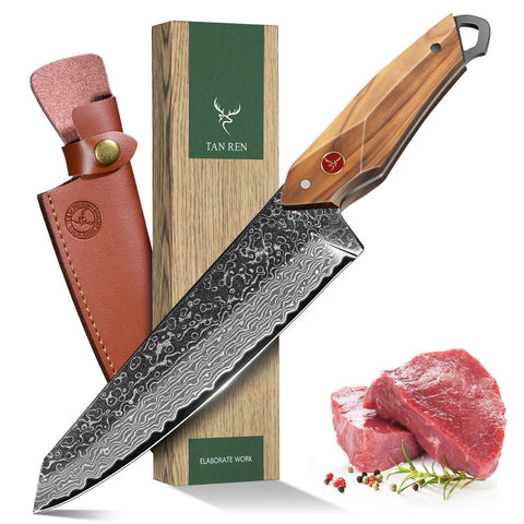 Cuchillo TAN REN Damascus de 6 pulgadas con funda, útil para uso diario