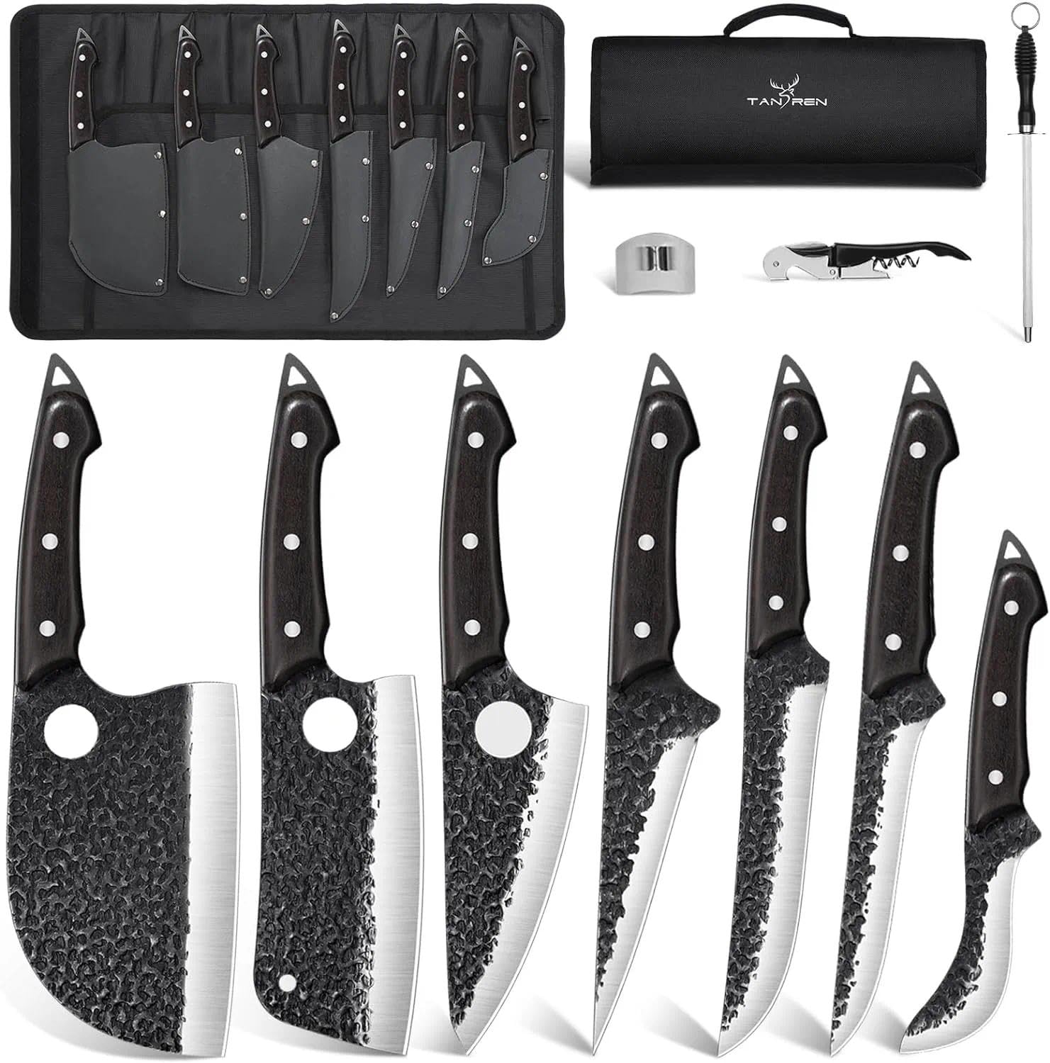 Conjunto TAN REN de 7 cuchillos para carne con funda enrollable, almacenamiento seguro.