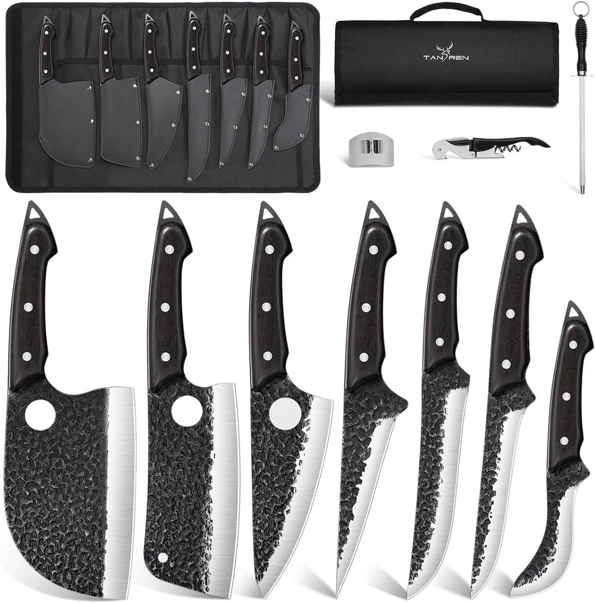 Conjunto TAN REN de 7 cuchillos para carne con funda enrollable, almacenamiento seguro.