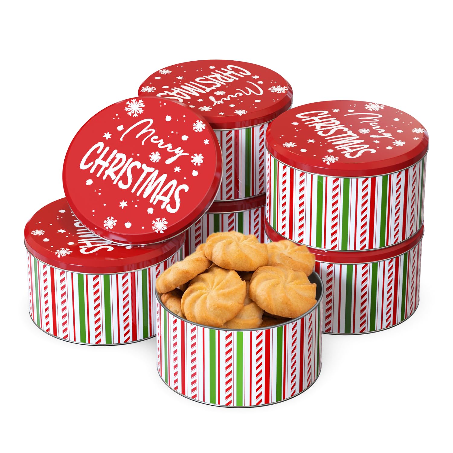 TangFee lata de galletas Navidad redondas con 6-pack para guardar galletas