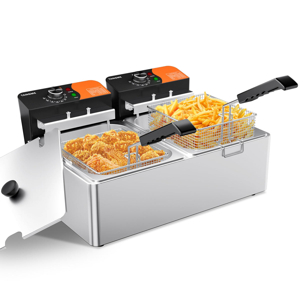 Freidora comercial Tangme con tanque de 20.7 qt para grandes lotes de frituras.