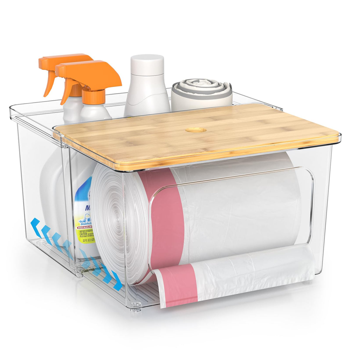 Tangyinus Dispensador de bolsas de basura con cuerpo transparente y tapa de bambú, acceso cómodo.