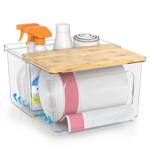 Tangyinus Dispensador de bolsas de basura con cuerpo transparente y tapa de bambú, acceso cómodo.
