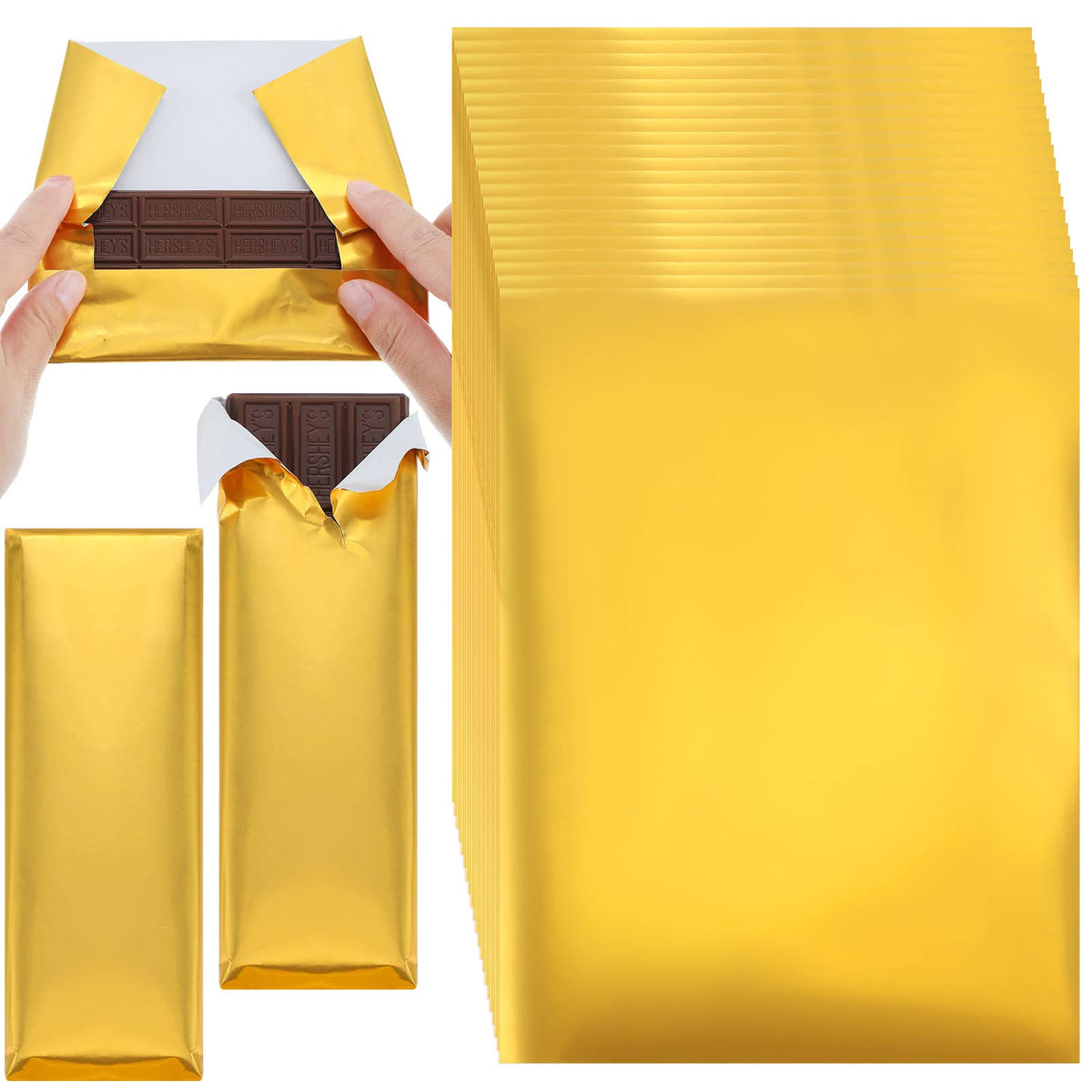 Tanlade envoltorios chocolate dorados de 7x6 pulgadas, ideales para envolver barritas con estilo.