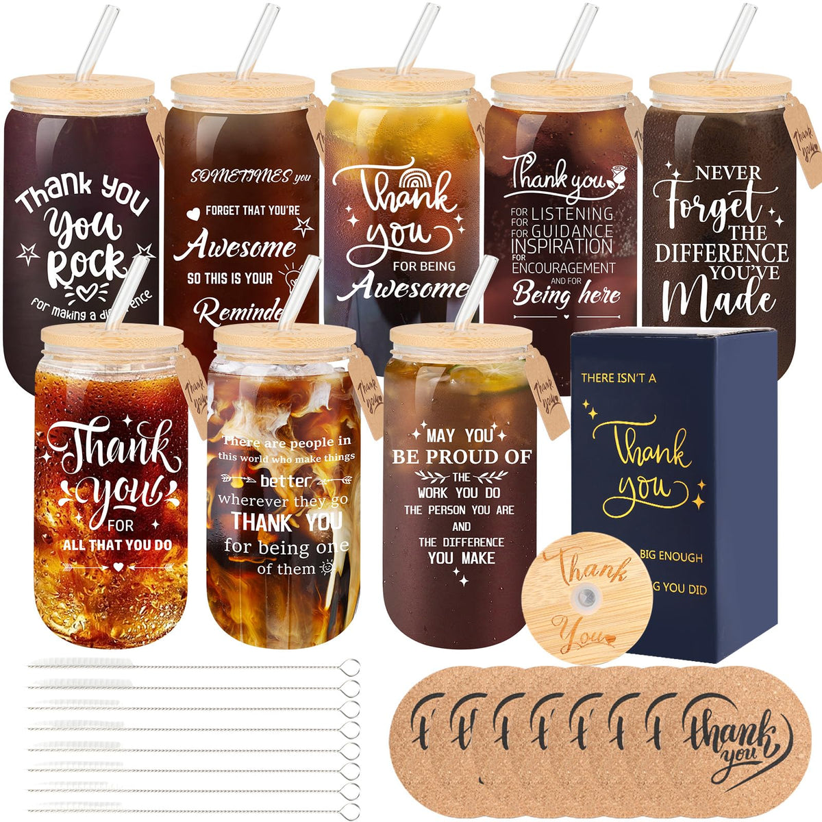 TAOZIM 8 vasos de vidrio con tapas de 500 ml, ideal para agradecer al equipo.
