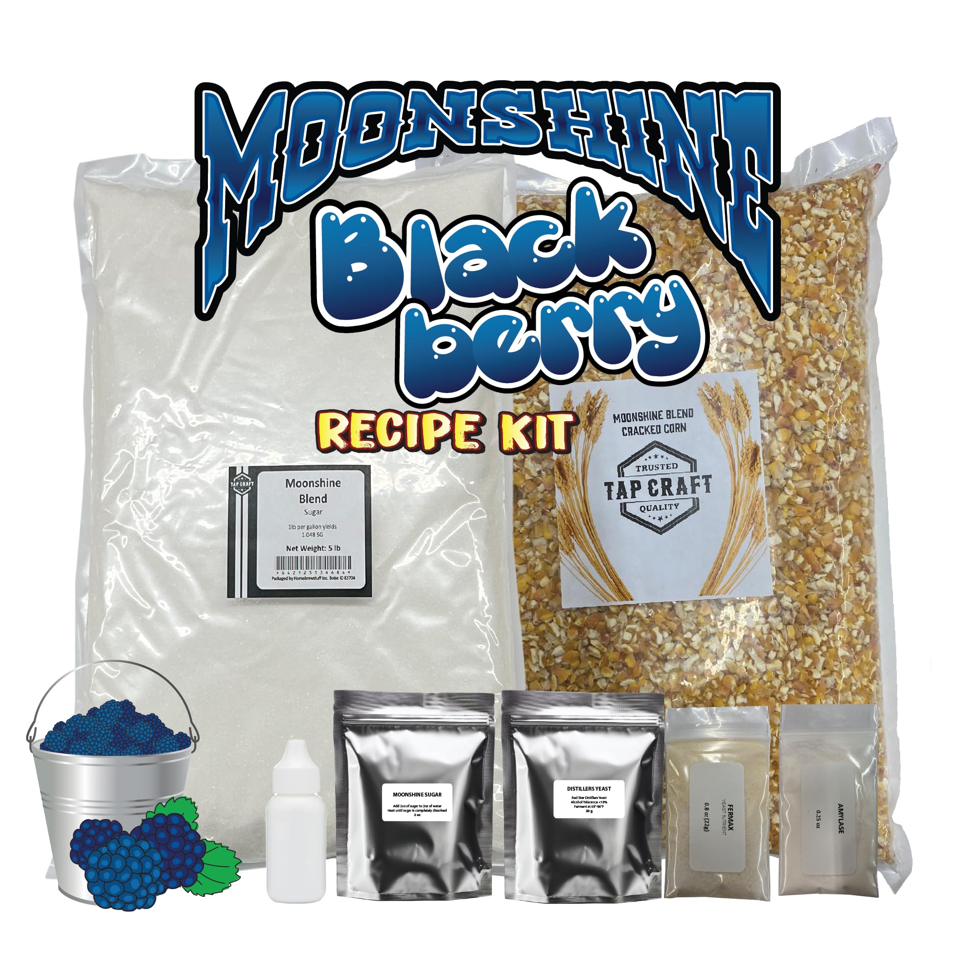 Este Tapcraft kit de maceración con mora muestra los ingredientes para preparar aguardiente casero.