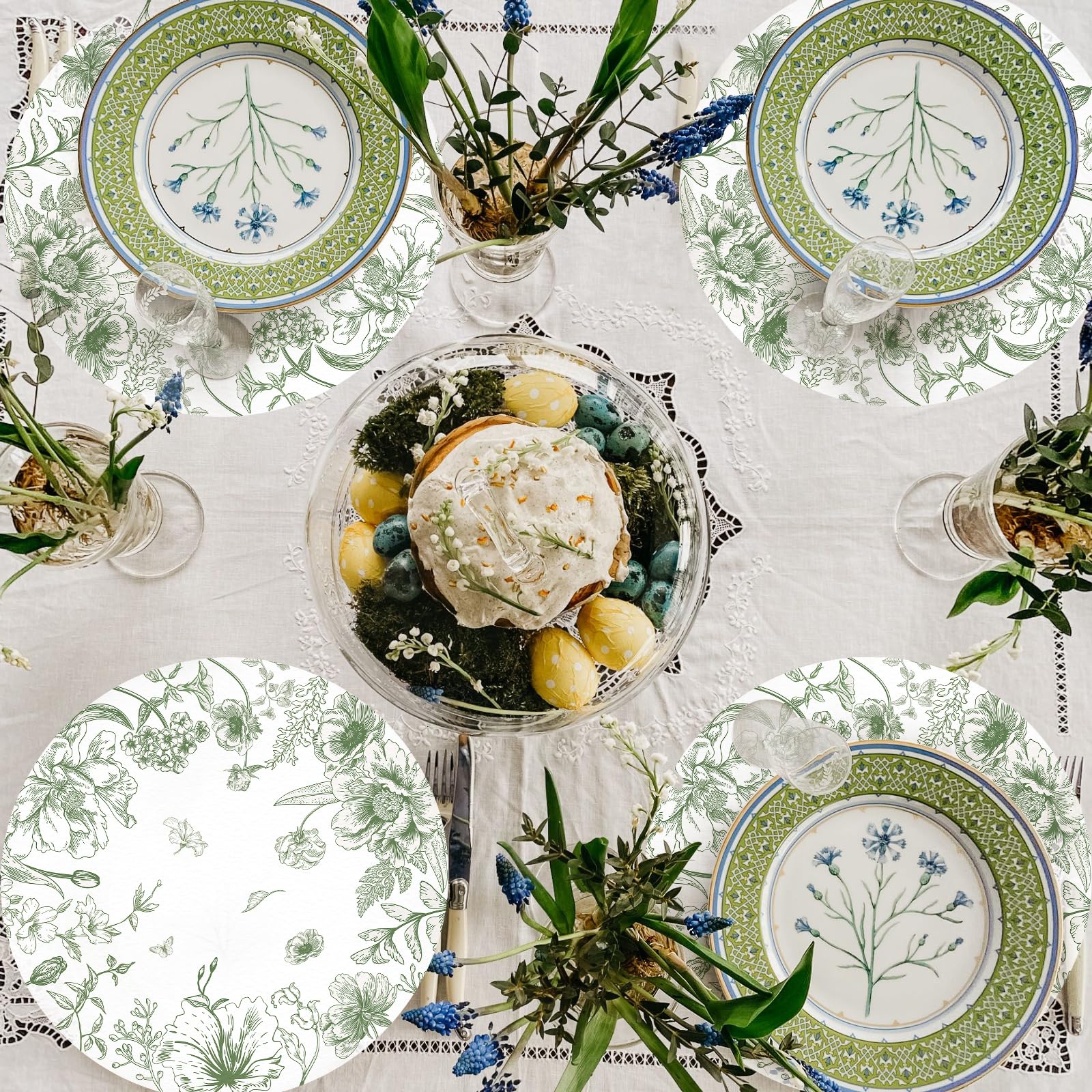 Mantel Tarklanda verde con flores y mariposas, perfecto para decoraciones de mesa