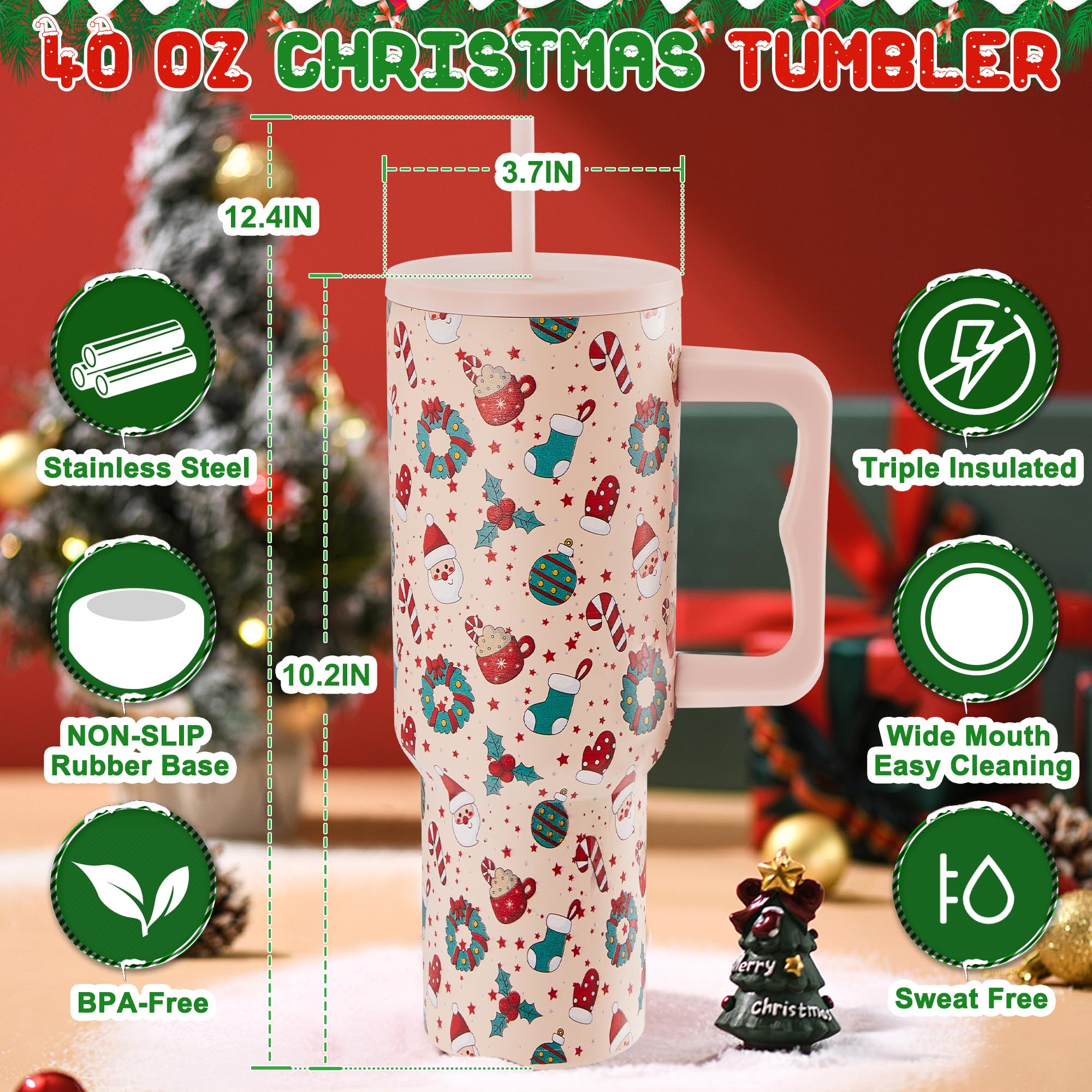 Vaso navideño TaroKitc 40oz con pajilla, perfecto para bebidas en movimiento.