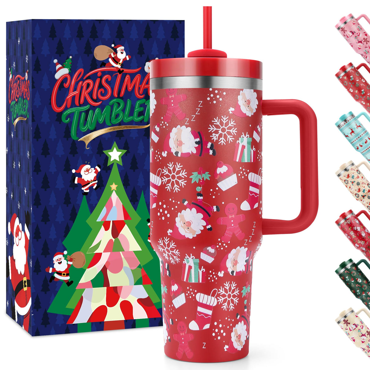 Vaso térmico TaroKitc navidad 40oz en mano para bebidas festivas y a temperatura constante.