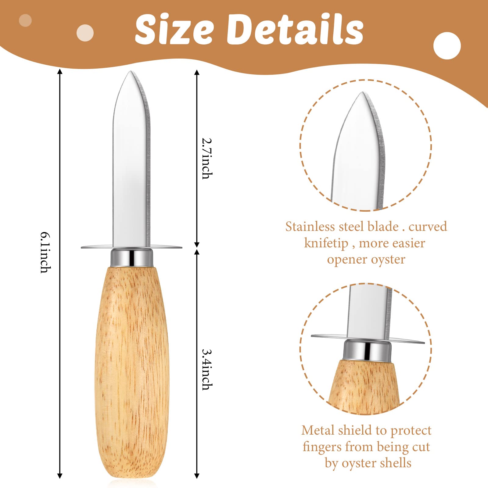 Cuchillo para ostras Tarpop, acero inoxidable y mango de madera.