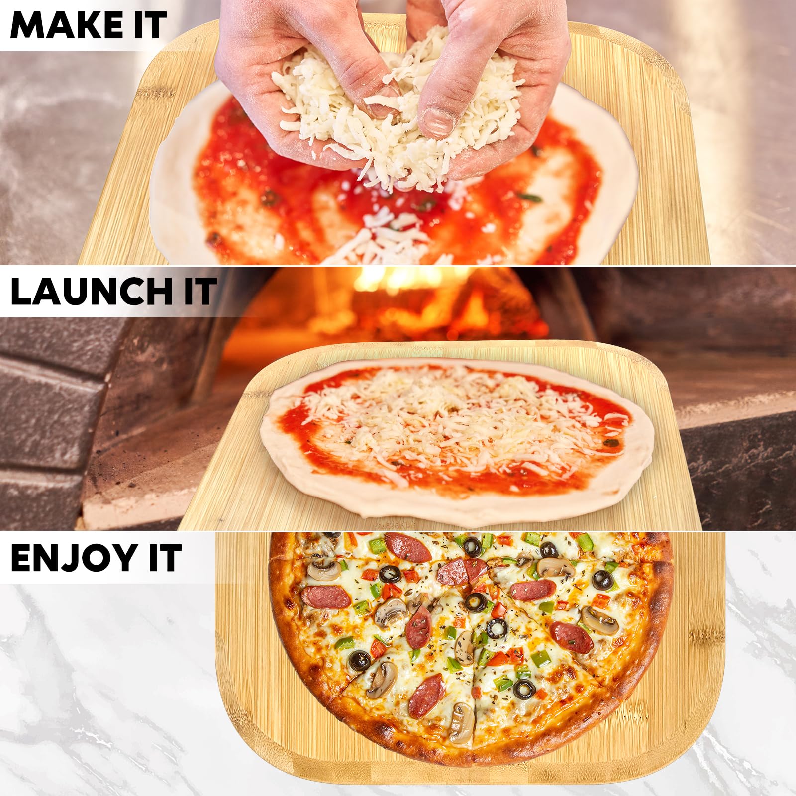 Pala para pizza de bambú, ideal para pan y postres en mesa.
