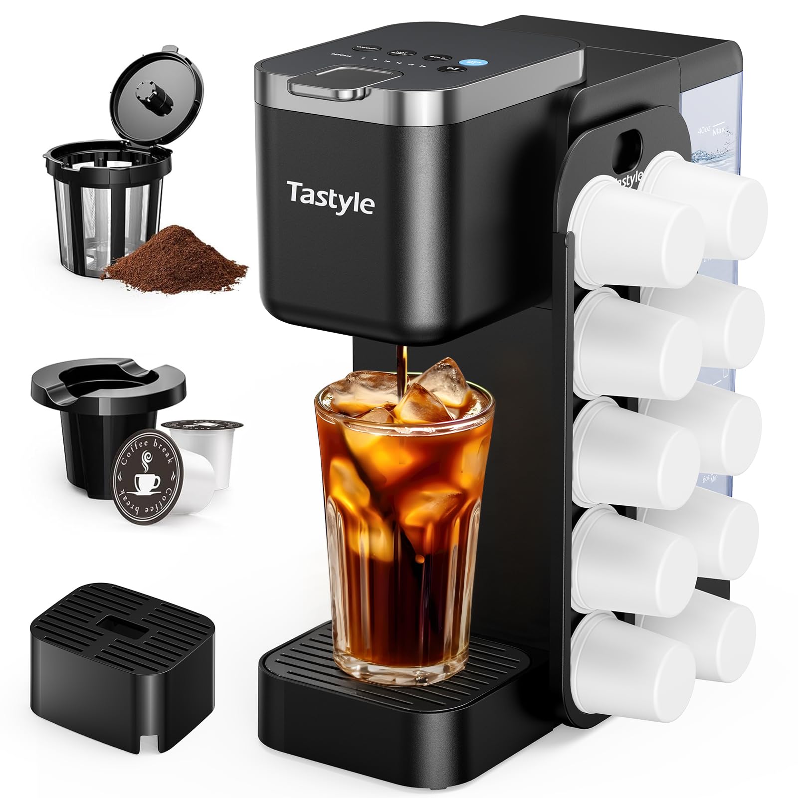 Tastyle cafetera con organizador magnético lateral para cápsulas, fácil acceso y orden.