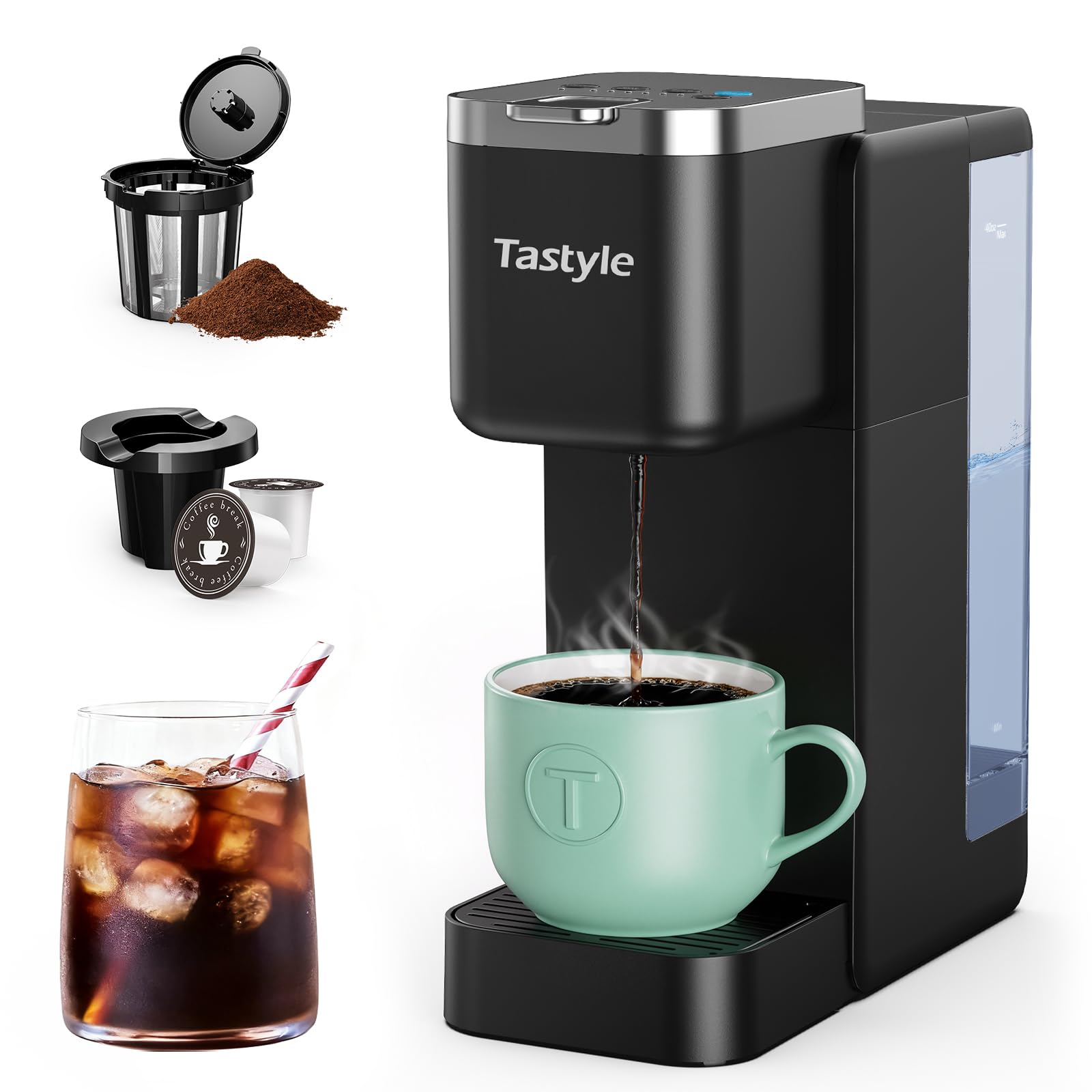 Cafetera Tastyle compacta negra, ideal para espacios pequeños.