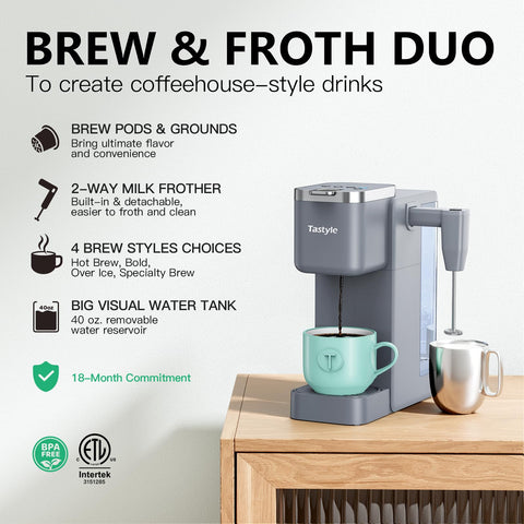 Tastyle cafetera compatible con capsulas K y granos para diversas preparaciones.