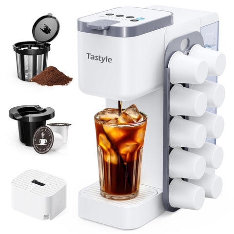 Tastyle cafetera con organizador magnético para cápsulas K-Pod, acceso rápido.