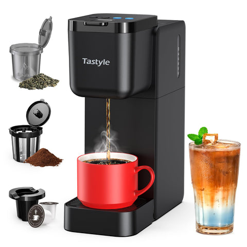 Tastyle cafetera para K-Cup, vista frontal, lista para preparar bebidas rápidas.