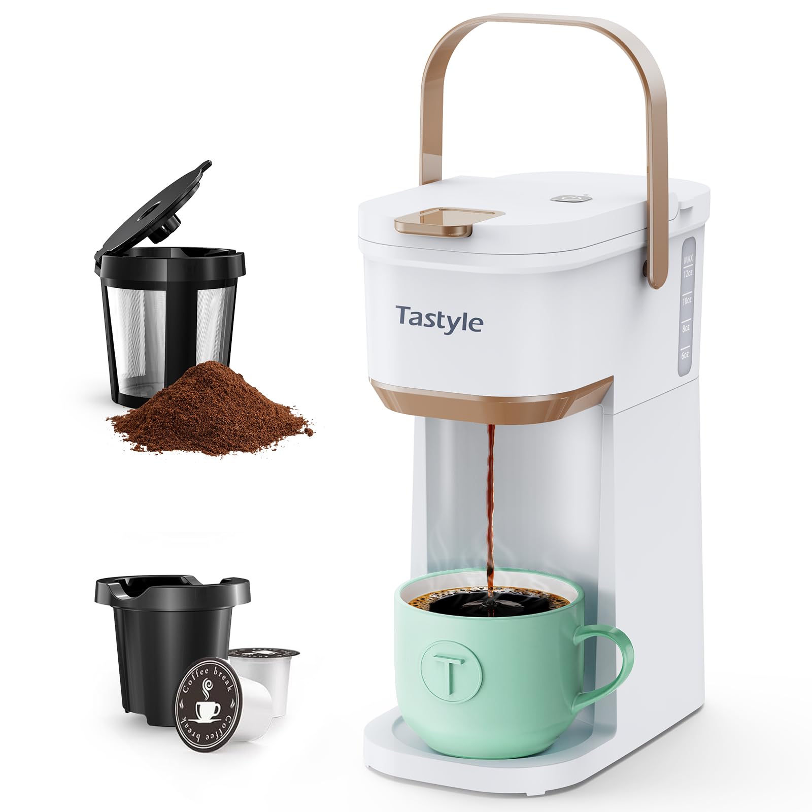 Cafetera Tastyle de una taza portátil con asa, ideal para viajes.