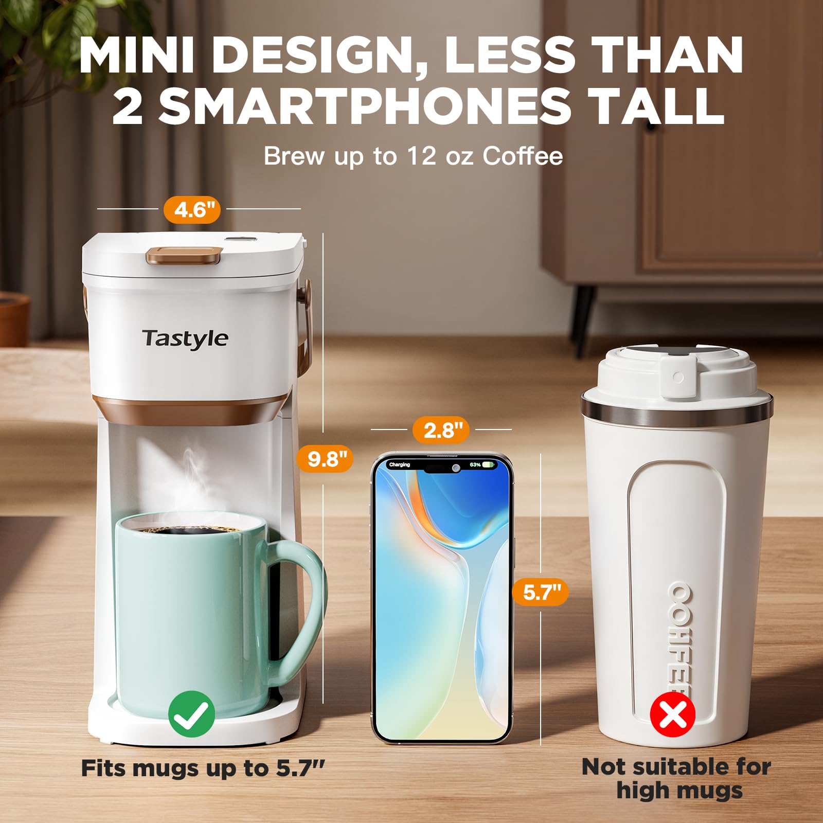 Cafetera Tastyle en dimensiones compactas para oficina o dormitorio.
