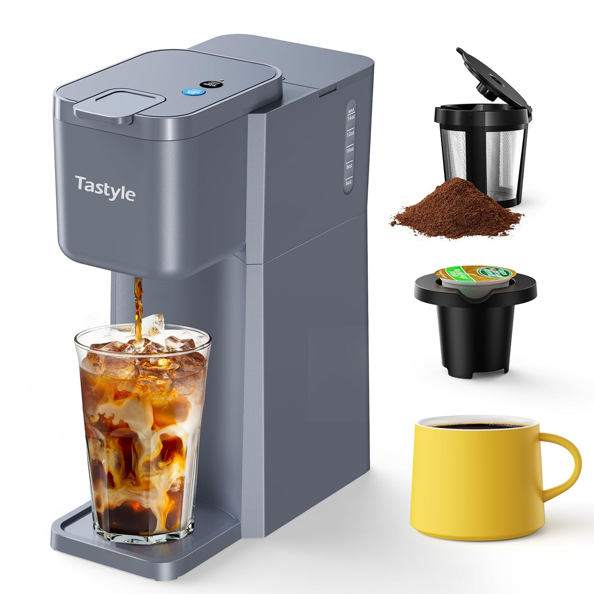Tastyle Mini cafetera, diseño elegante en gris, ideal para espacios pequeños.