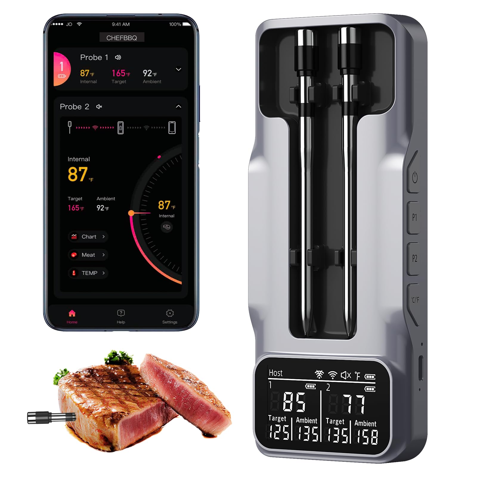TASTYTI termómetro de carnes con dos sondas y base inalámbrica para control remoto.