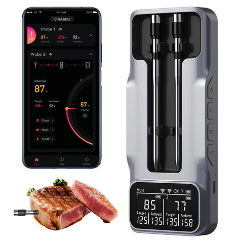 TASTYTI termómetro de carnes con dos sondas y base inalámbrica para control remoto.