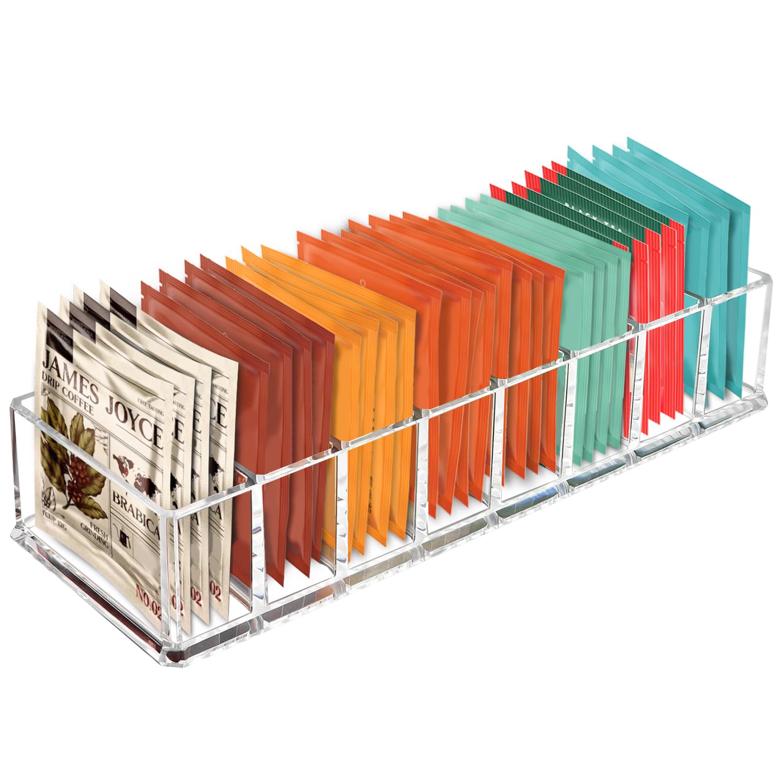 Organizador de té Tasybox con ocho compartimentos para acceso rápido.