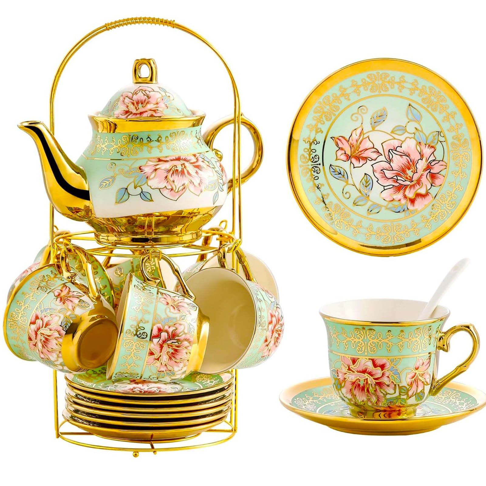 TATSUMI juego de té de porcelana con soporte metálico para reuniones elegantes.