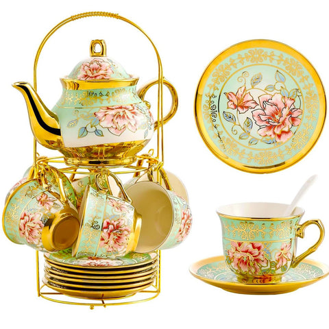 TATSUMI juego de té de porcelana con soporte metálico para reuniones elegantes.