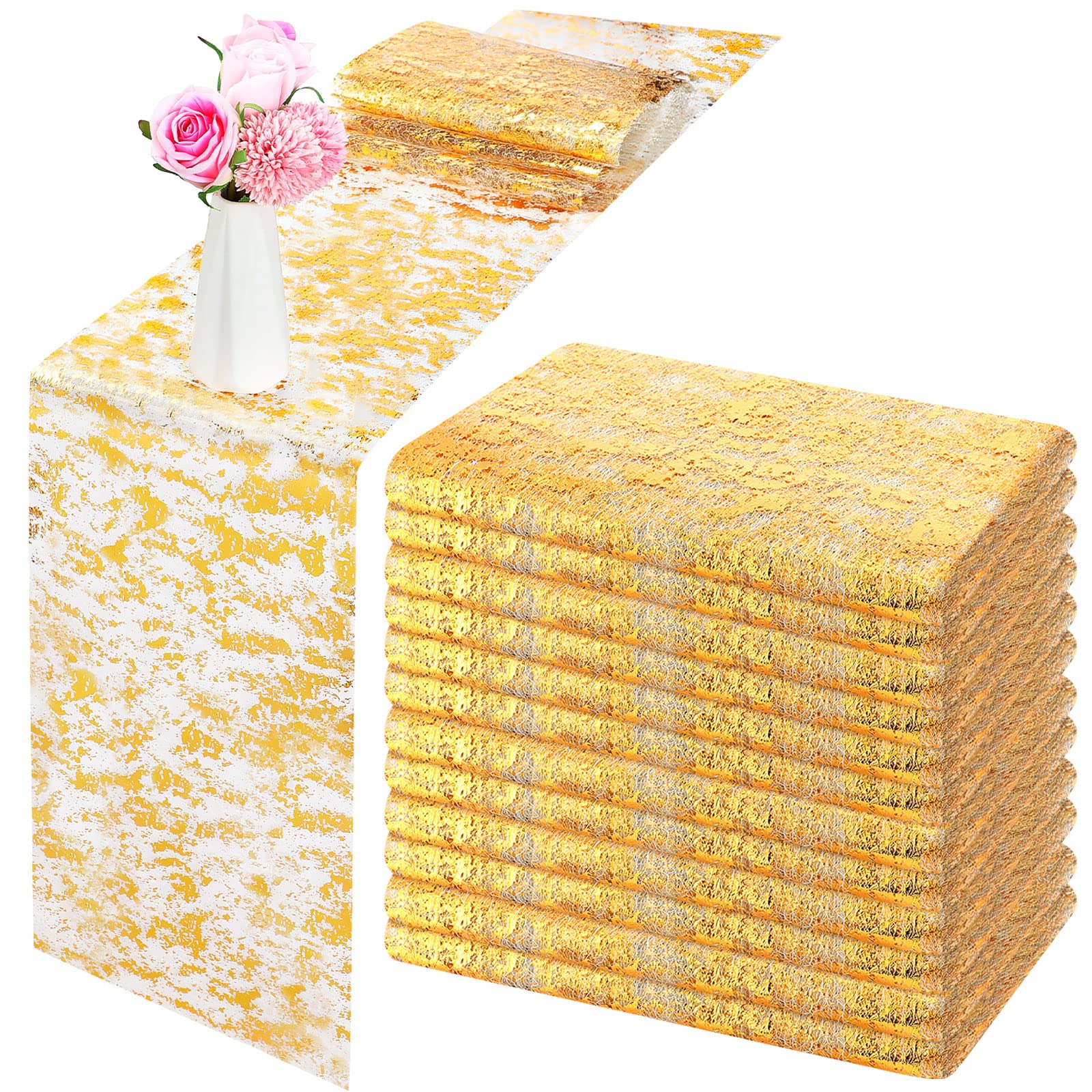Mantel dorado de malla Tatuo 11x84 pulgadas para bodas elegantes.