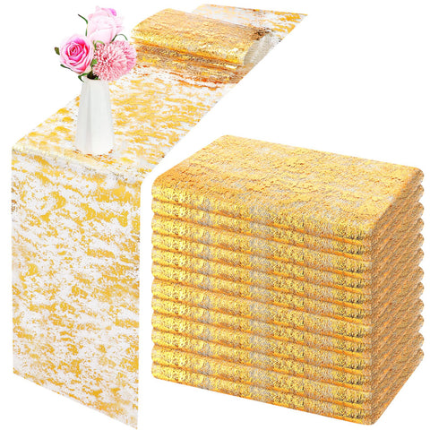 Mantel dorado de malla Tatuo 11x84 pulgadas para bodas elegantes.