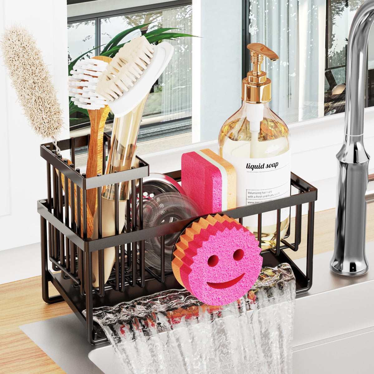 Taugast esponja para fregadero con sonrisa, organización práctica en la cocina