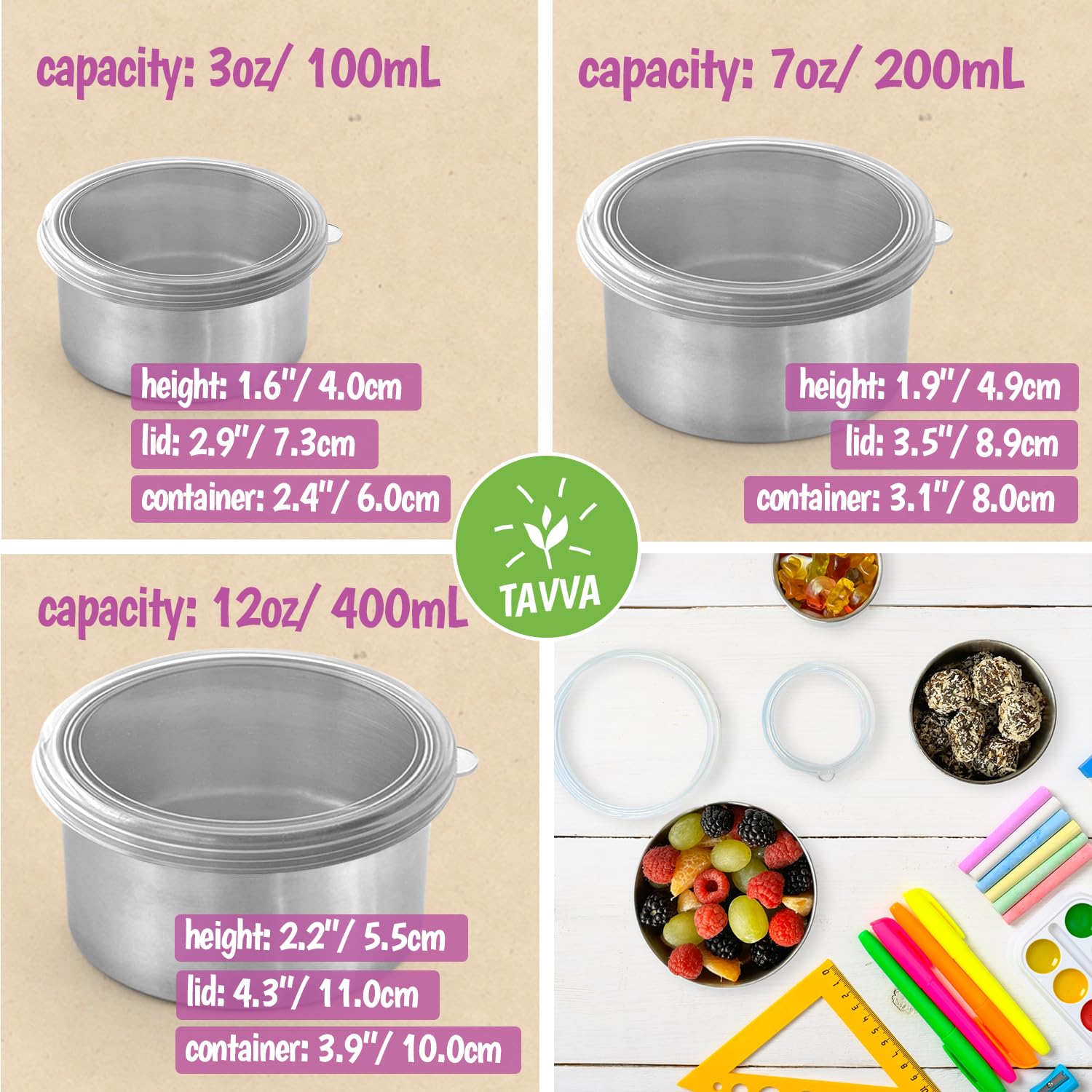 TAVVA Contenedor merienda infantil 3oz, ideal para snacks pequeños.