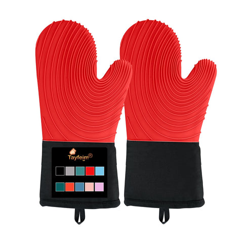 Guantes Tayfeim de silicona rojos, frente visibles, agarre seguro para cocinar.