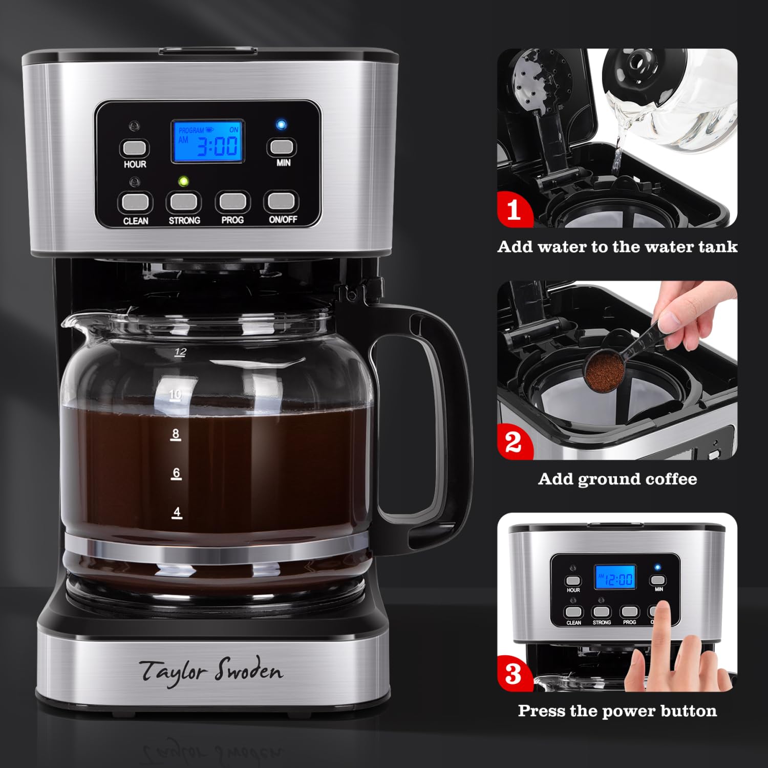 Taylor Swoden cafetera programable 12 tazas, acabado negro y acero inoxidable elegante
