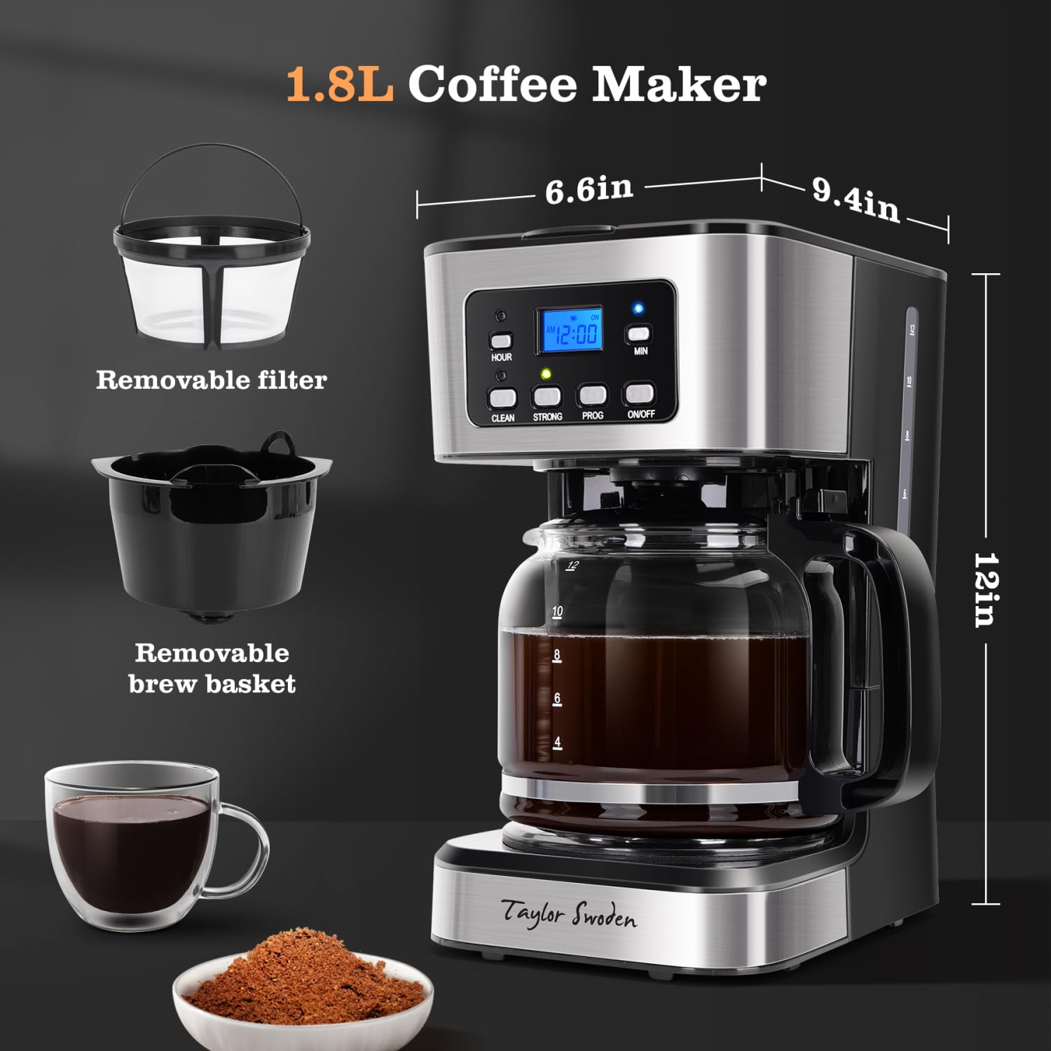 Taylor Swoden cafetera programable 12 tazas, ajuste de fuerza para suave o intenso
