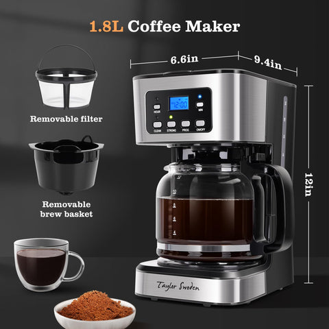 Taylor Swoden cafetera programable 12 tazas, ajuste de fuerza para suave o intenso